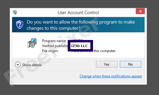 Screenshot where iZ3D LLC appears as the verified publisher in the UAC dialog